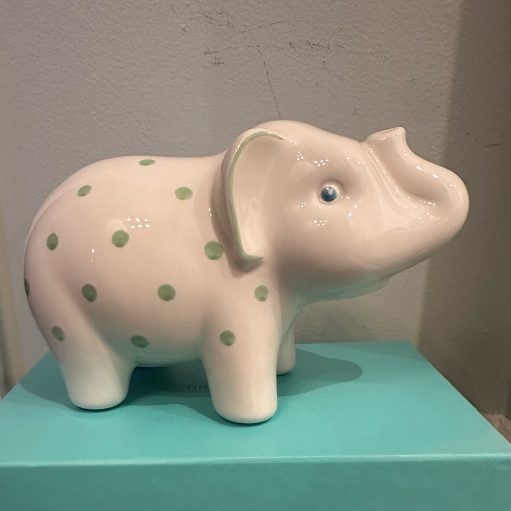 Tiffany & Co. Cream Ceramic Elephant Bank with Green Dots